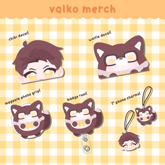 valko merch - decals, phone grip, badge reel, and phone charms!